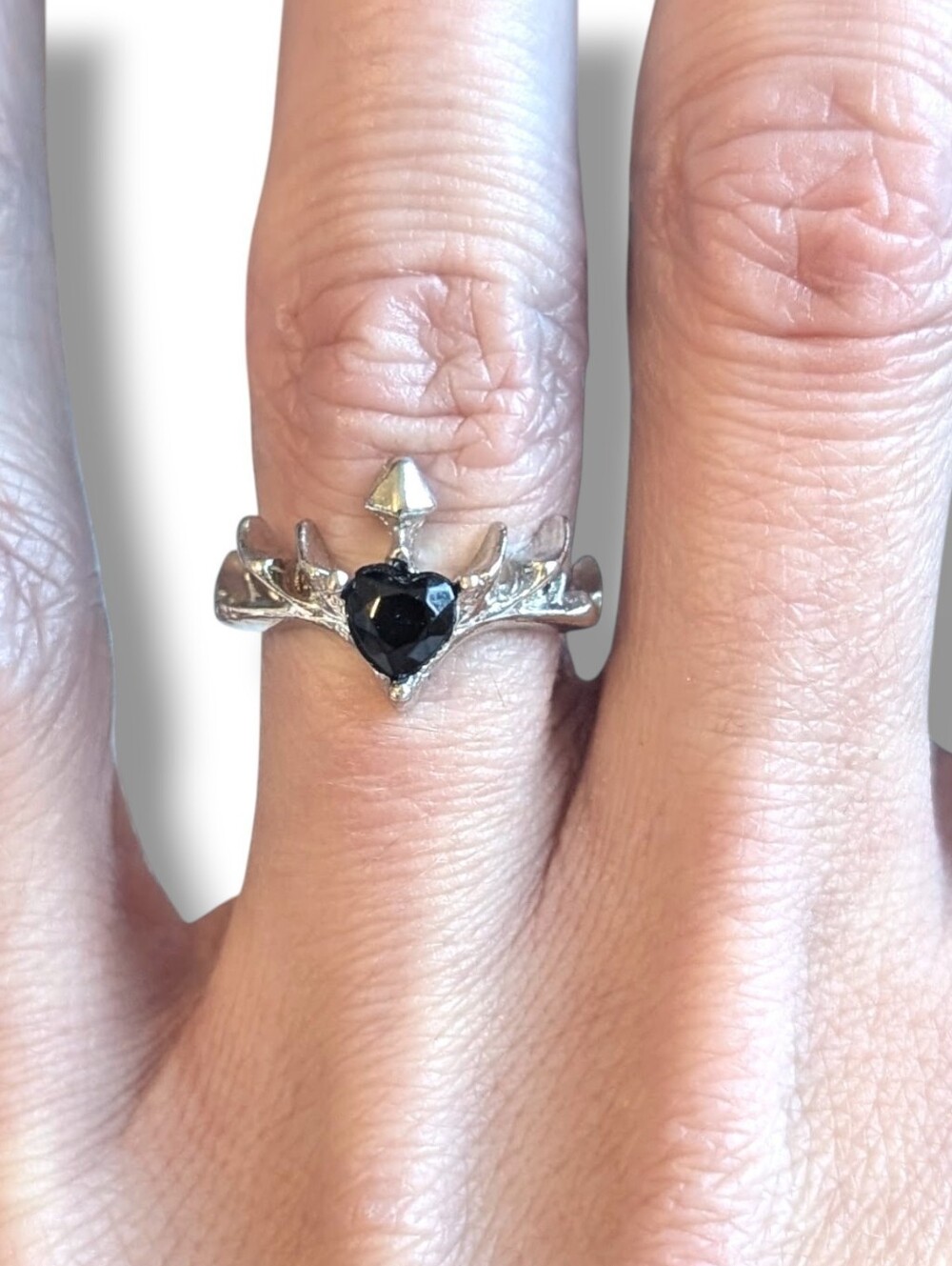 NWT Silver Winged Heart Shaped Black Gemstone Ring Adjustable Size
